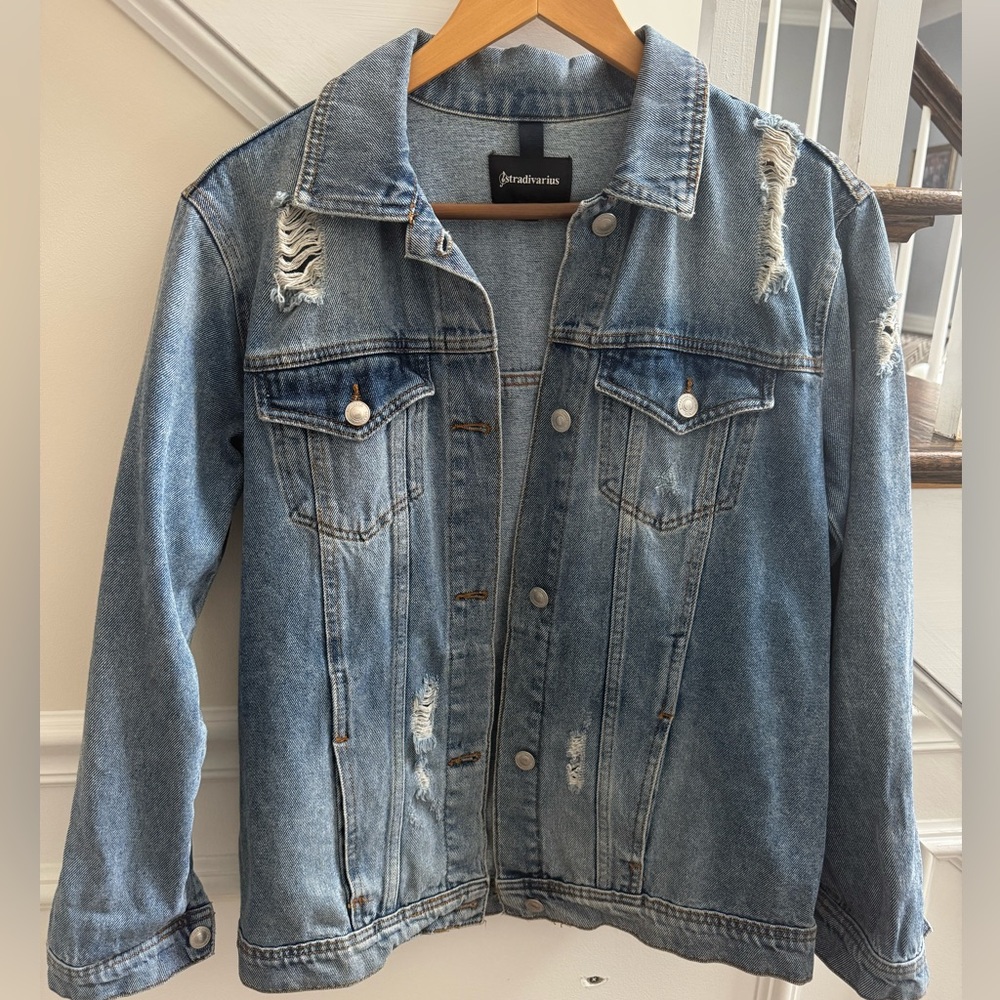Stradivarius Distressed Denim Jacket in Blue, Size: S